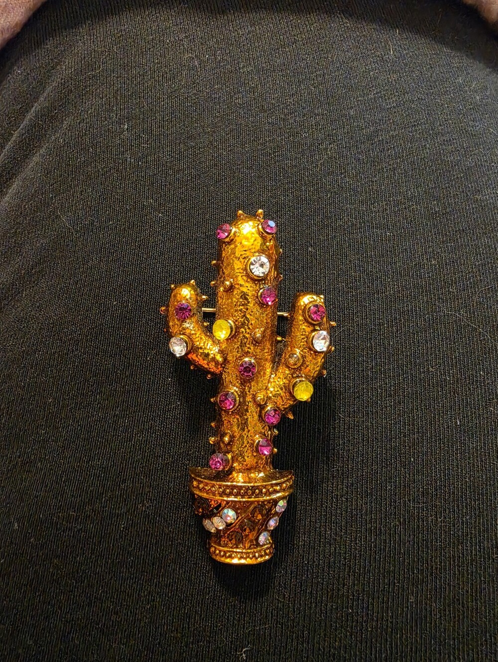 Gold Cactus Brooch Pin with Multicolor Rhinestones - Women Jewelry